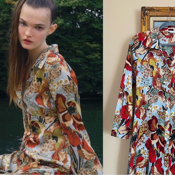 ZARA Blue Silky Satin Floral Printed Long Sleeve Button Down Midi Shirt Dress - Picture 14 of 17
